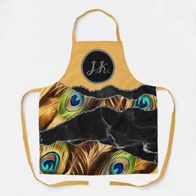 Black Silver Peafowl Marble Agate Glam  Apron (Front)