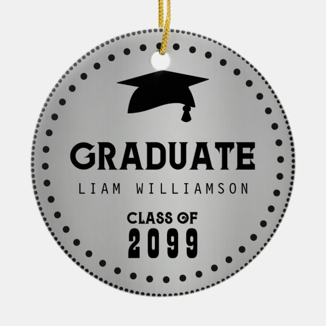Black Silver Personalised Graduation Masculine Ceramic Ornament (Front)