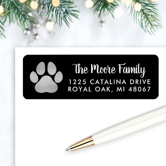 Black Silver Pet Lover Paw Print Return Address Label (Creator Uploaded)