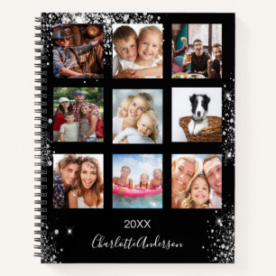 Black silver photo collage monogram glitter notebook
