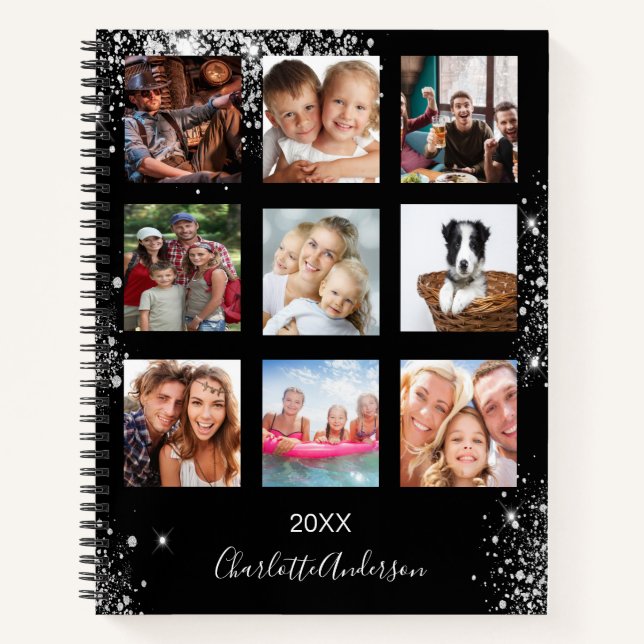 Black silver photo collage monogram glitter notebook (Front)