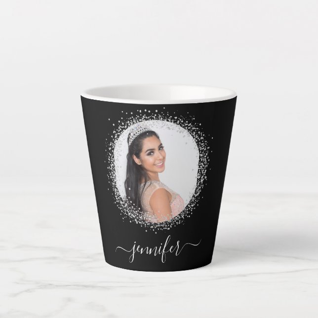 Black silver photo glitter name script latte mug (Front)