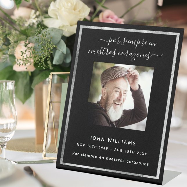 Black silver photo memorial funeral pedestal sign (Creator Uploaded)