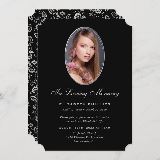 Black Silver Photo Memorial In Loving Memory Invitation (Front/Back)