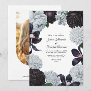 Black & Silver Photo/QR Code Floral Wedding Invitation