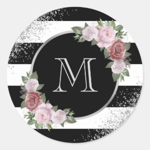 Black Silver Pink Floral Monogram Classic Round Sticker