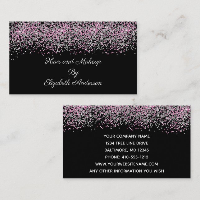 Black Silver Pink Glitter Overlay Glam Girly  Business Card (Front/Back)