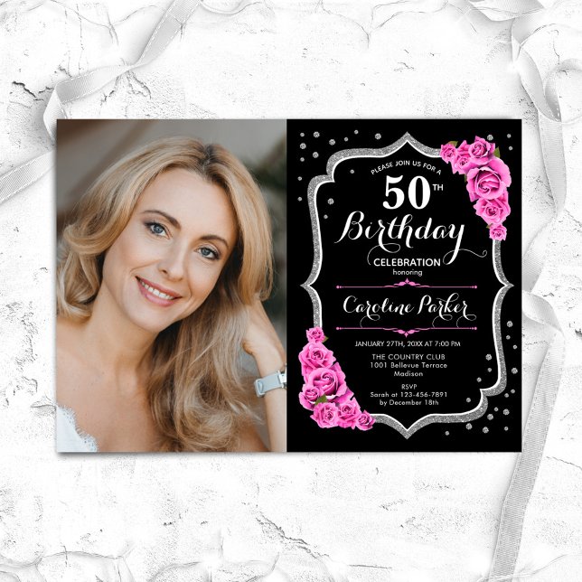 Black Silver Pink Photo 50th Birthday Invitation (Creator Uploaded)