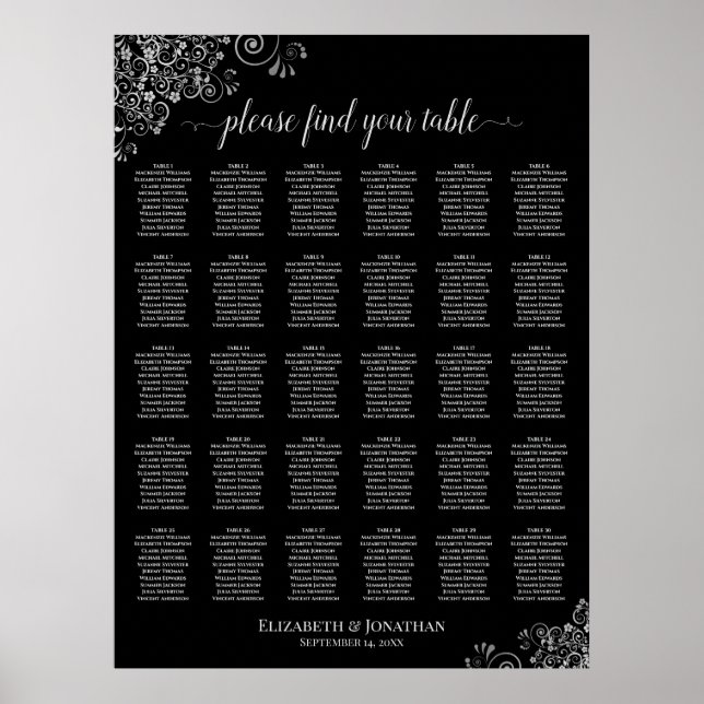 Black & Silver Posh 30 Table Wedding Seating Chart (Front)
