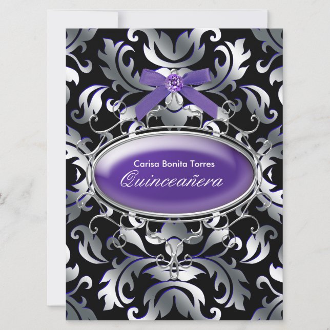 Black Silver Purple Damask Purple Quinceanera Invitation (Front)