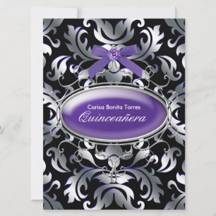 Black Silver Purple Damask Purple Quinceanera Invitation