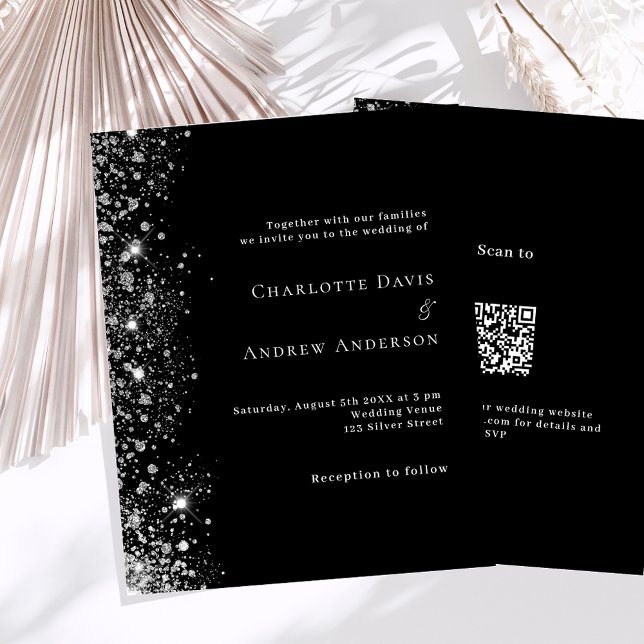 Black silver QR RSVP budget wedding invitation (Creator Uploaded)