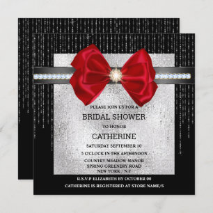 Black silver red bow diamond shimmer chic glam invitation
