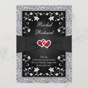 Black Silver Red Hearts, Floral Wedding Invitation