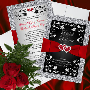 Black Silver Red Hearts, Floral Wedding Invitation