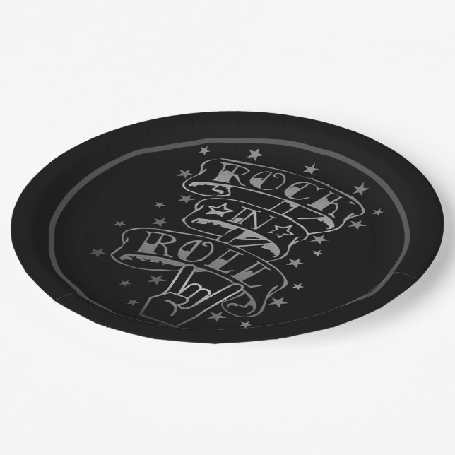 Black & Silver Rock & Roll Logo Paper Plate (Angled)