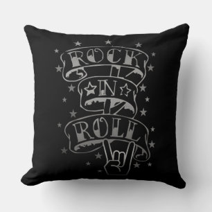 Black & Silver Rock & Roll Logo Throw Pillow