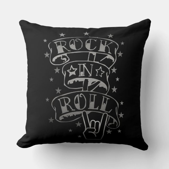 Black & Silver Rock & Roll Logo Throw Pillow (Front)