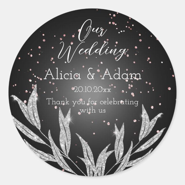 Black, Silver & Rose Gold Glitter Wedding  Classic Round Sticker (Front)