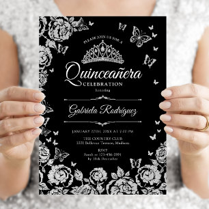 Black Silver Roses Butterflies Quinceanera Invitation