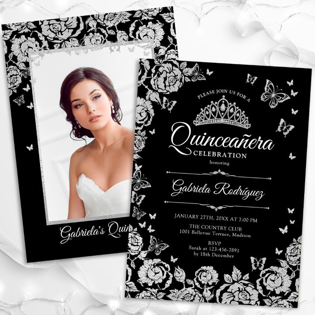 Black Silver Roses Butterflies Quinceanera Photo Invitation (Creator Uploaded)