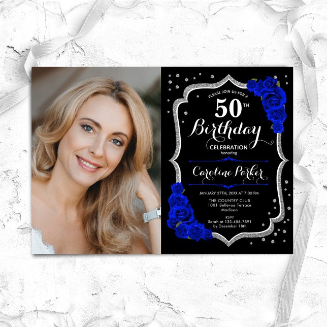 Black Silver Royal Blue Photo 50th Birthday Invitation (Creator Uploaded)