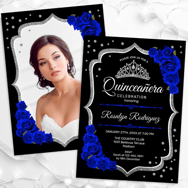 Black Silver Royal Blue Photo Quinceanera Invitation (Creator Uploaded)