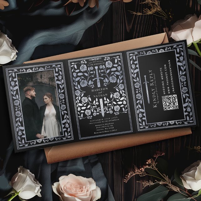 Black Silver Royal Mediaeval Sword Wedding QR Code Tri-Fold Invitation (Creator Uploaded)