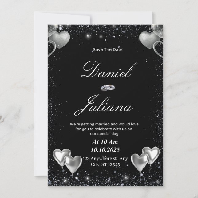 Black & Silver Save the Date Invitation (Front)