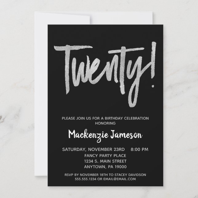 Black Silver Script 20th Birthday Party Invitation (Front)