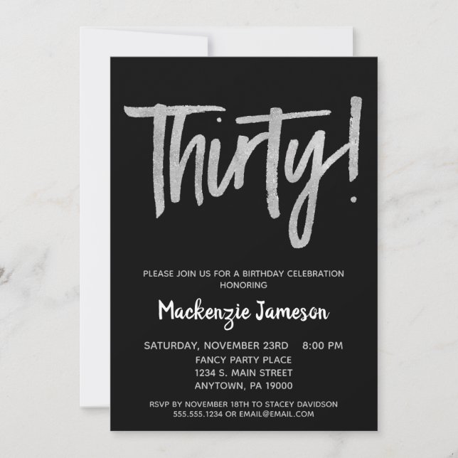 Black Silver Script 30th Birthday Party Invitation (Front)