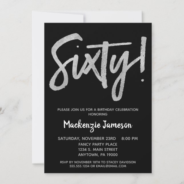 Black Silver Script 60th Birthday Party Invitation (Front)