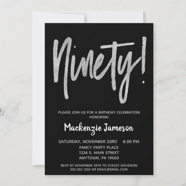 Black Silver Script 90th Birthday Party Invitation (Front)