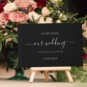 Black silver script wedding guest book