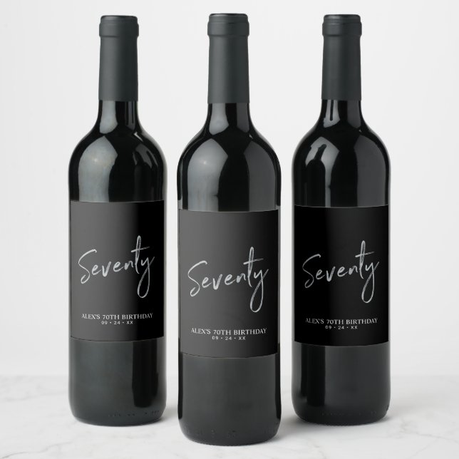 Black & Silver Seventy Script 70th Birthday Party Wine Label (Bottles)