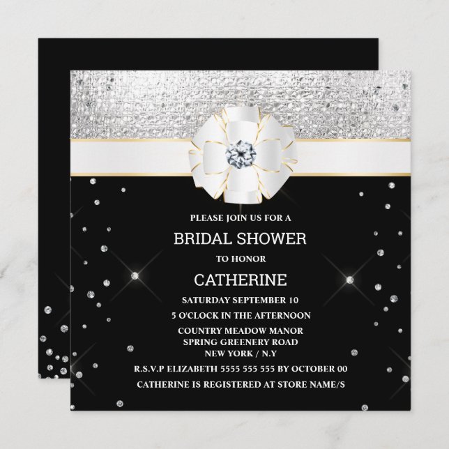 Black silver shimmer bow gold sparkle glitter  invitation (Front/Back)
