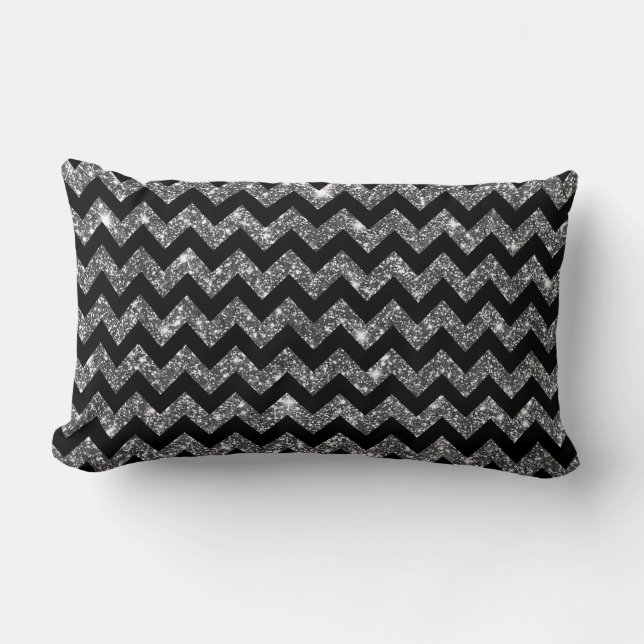 Black Silver Shining Faux Glitter Chevron Pattern Lumbar Cushion (Front)