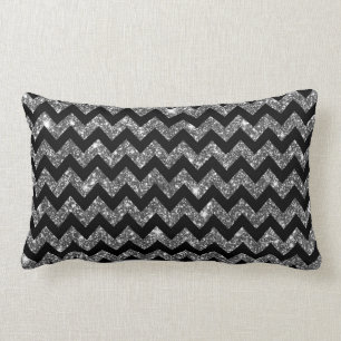 Black Silver Shining Faux Glitter Chevron Pattern Lumbar Cushion
