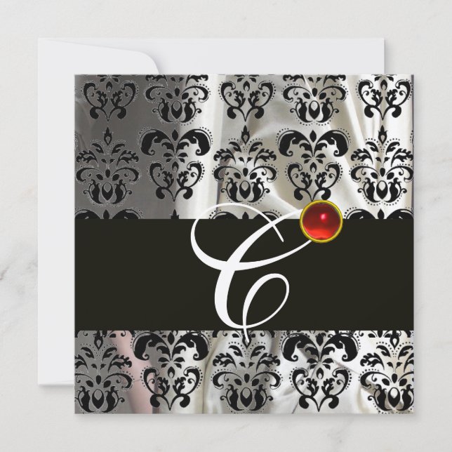 BLACK SILVER SILK DAMASK CLOTH MONOGRAM  RED RUBY INVITATION (Front)