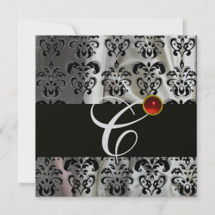 BLACK SILVER SILK DAMASK CLOTH MONOGRAM  RED RUBY INVITATION