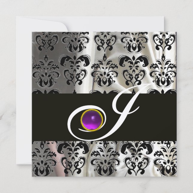 BLACK SILVER SILK DAMASK MONOGRAM PURPLE AMETHYST INVITATION (Front)