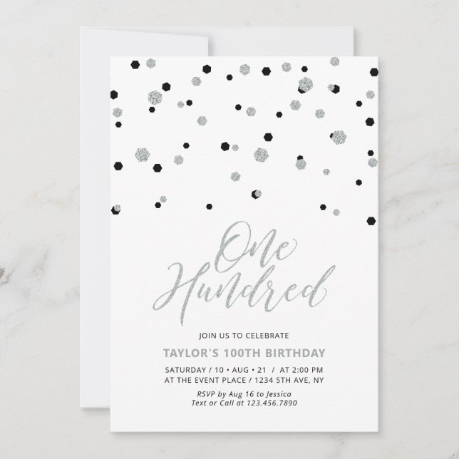 Black & Silver Simple Hundred 100th Birthday Party Invitation (Front)