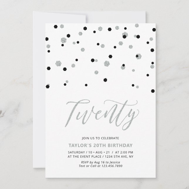 Black & Silver Simple Twenty 20th Birthday Party Invitation (Front)