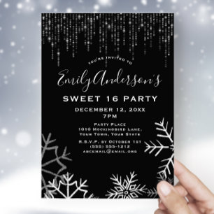 Black Silver Snow Ice Lights Winter Sweet 16 Invitation