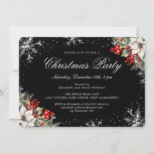 Black Silver Snowflakes Christmas Holiday Party Invitation