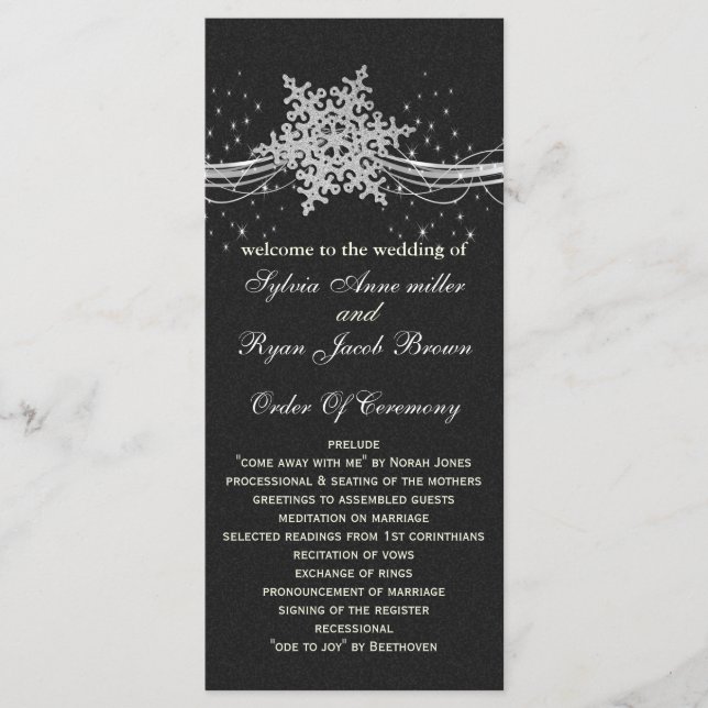 black Silver Snowflakes wedding programs length (Front)