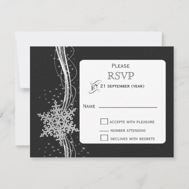 black Silver Snowflakes Winter wedding RSVP (Front)