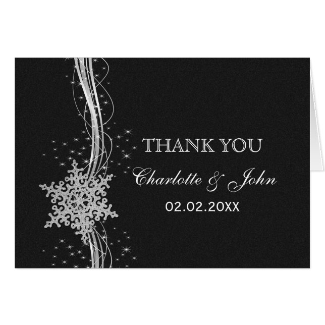 black Silver Snowflakes Winter wedding Thank You (Front Horizontal)