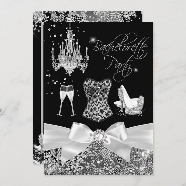 Black Silver Sparkle Bow Bachelorette Party Invitation (Front/Back)