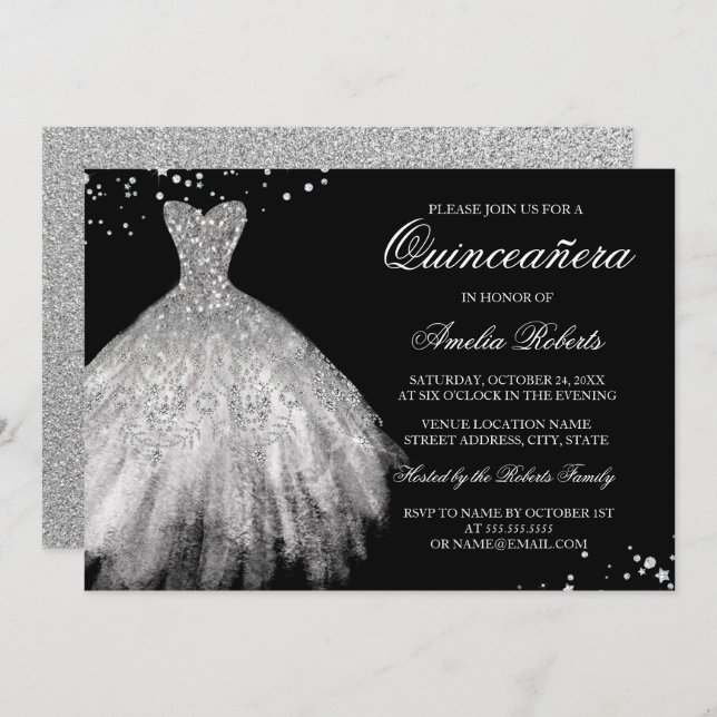 Black Silver Sparkle Dress Quinceanera Invitation (Front/Back)